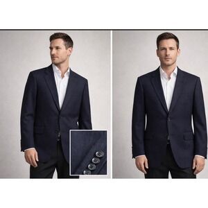 Hickey Freeman Loro Piana Tasmanian Wool Blazer Navy Herringbone 43L Mens Jacket